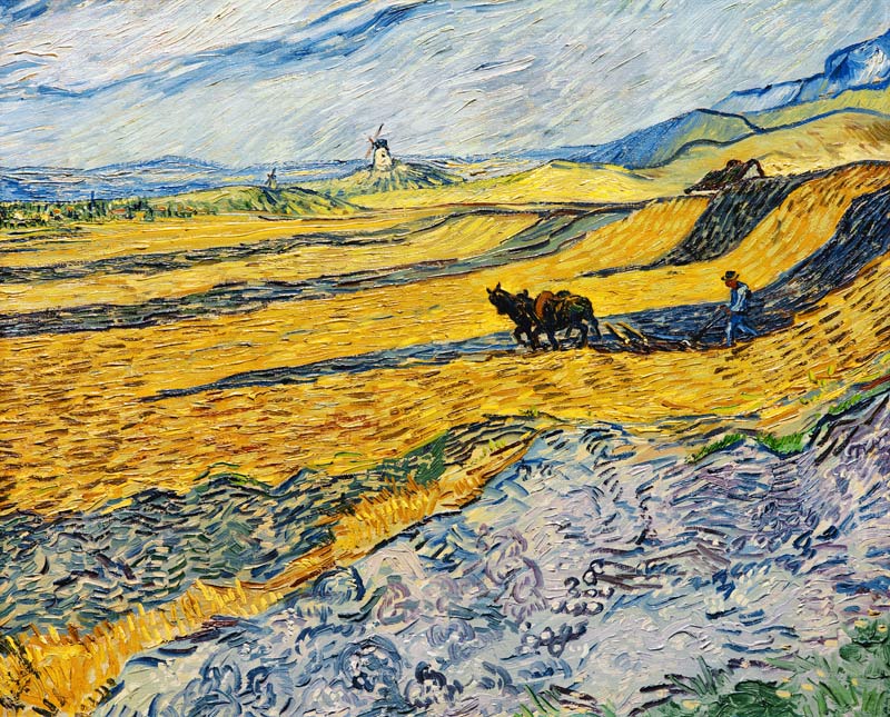 Slog away with ploughing smallholder and mill de Vincent Van Gogh