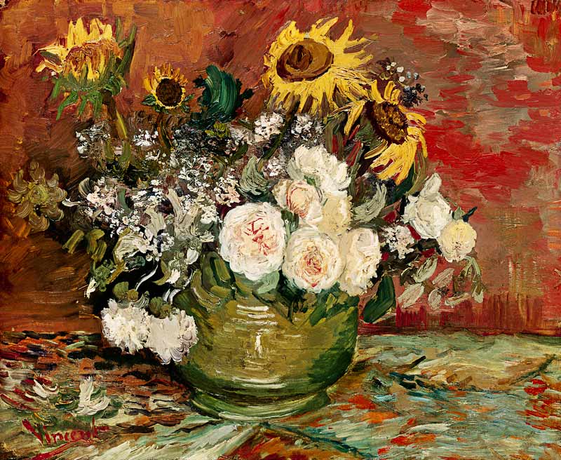 Girasoles, rosas y otras flores en un bol de Vincent Van Gogh