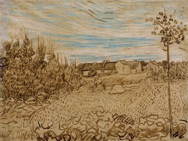 V.v.Gogh, Cottages w.Woman.../Draw./1890 de Vincent Van Gogh