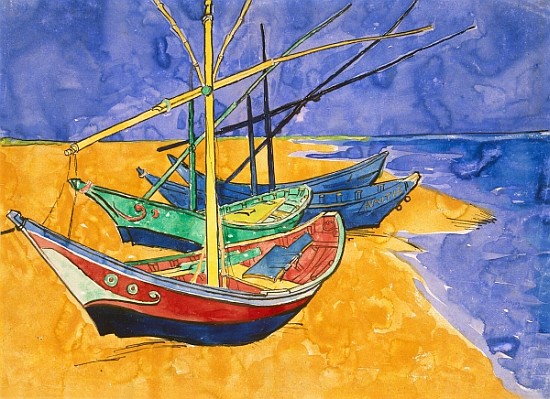 Fishing Boats on the Beach at Saintes-Maries-de-la-Mer (pen & ink with w/c on paper) de Vincent Van Gogh