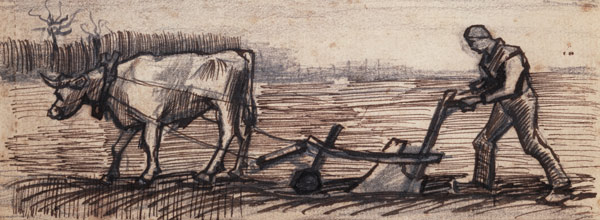 At the Plough, from a Series of Four Drawings Symbolizing the Four Seasons (pencil, pen and brown de Vincent Van Gogh