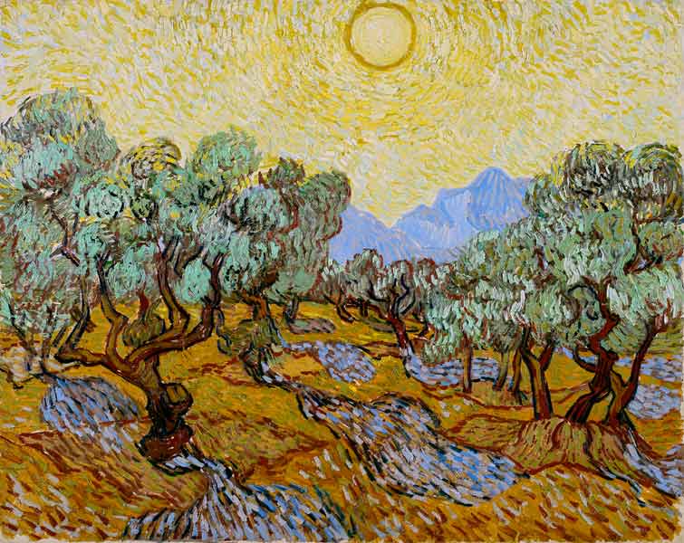 Olivos con cielo amarillo y sol de Vincent Van Gogh