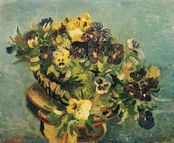 Basket of pansies on a small table de Vincent Van Gogh