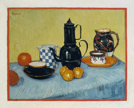 Still Life with Blue Enamel Coffeepot, Earthenware and Fruit