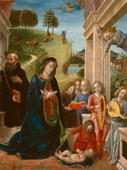 Adoration of the Child with St. Benedict and Angels de Vincenzo Foppa