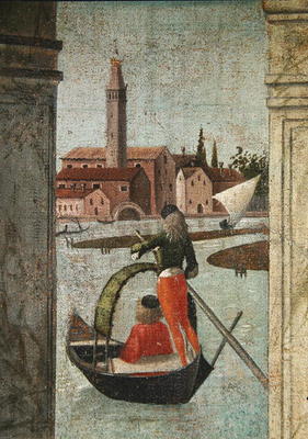 The Arrival of the English Ambassadors, from the St. Ursula Cycle, detail of a gondola, 1490-96 (oil de Vittore Carpaccio