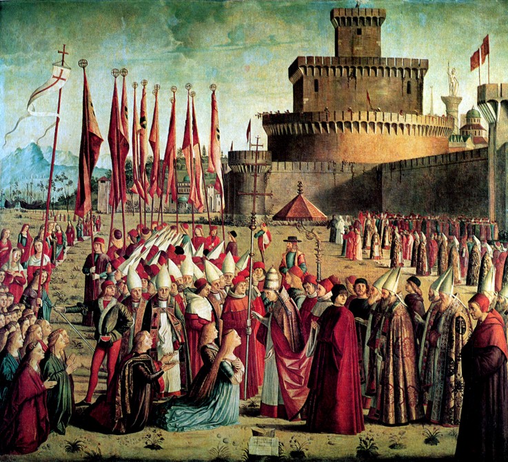The Pilgrims are met by Pope Cyriacus in front of the Walls of Rome (The Legend of Saint Ursula) de Vittore Carpaccio
