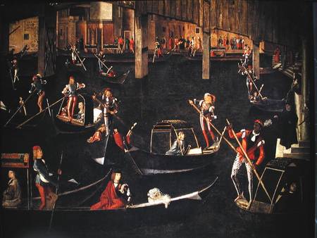 Gondoliers on the Grand Canal, detail from The Miracle of the Relic of the True Cross on the Rialto de Vittore Carpaccio