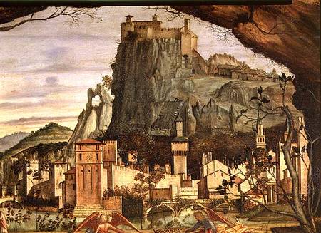 Sacre conversazione, detail of the town and castle in the background de Vittore Carpaccio