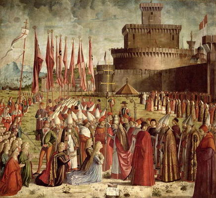The Pilgrims Meet Pope Cyriac before the Walls of Rome, from the St. Ursula Cycle, 1498 (oil on canv de Vittore Carpaccio