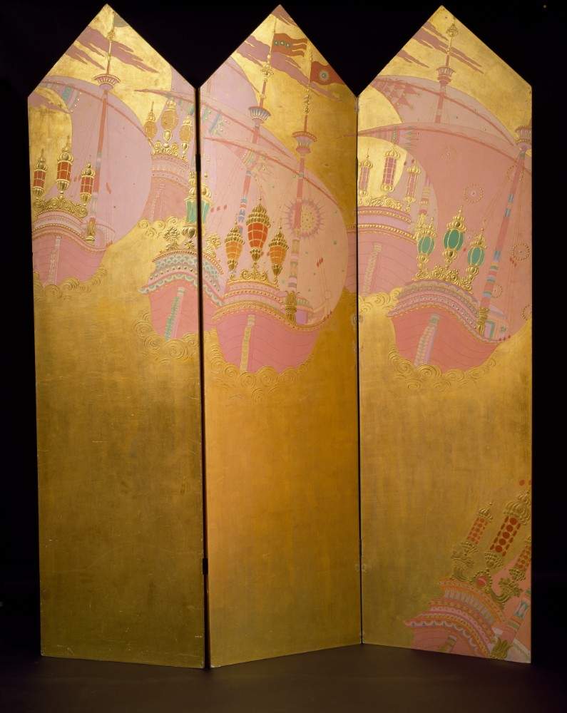 Art deco screen in gilded wood with polychrome galleons, by Vittorio Zecchin de Vittorio Zecchin