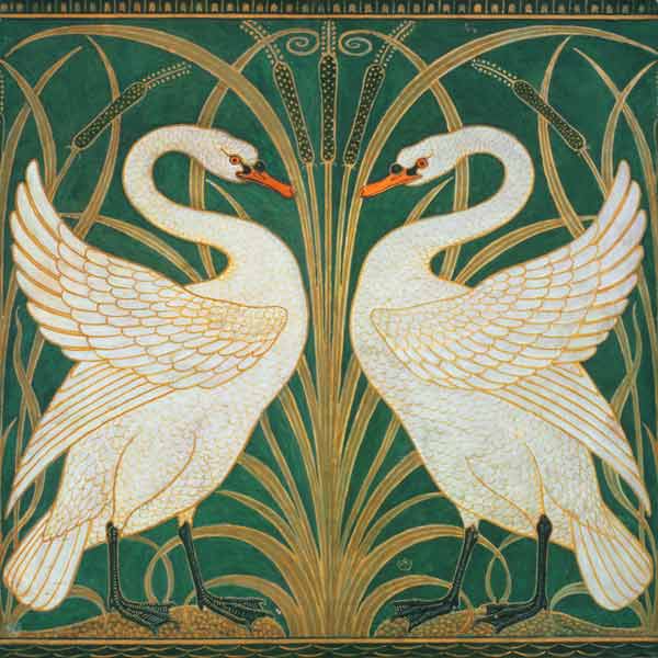 Diseño sobre muralla de un cisne, junco e Irises de Walter Crane