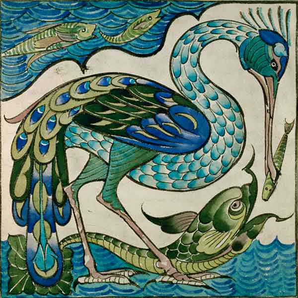 Diseño de azulejo de garza y pez de Walter Crane