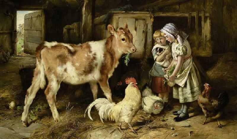 Children feed a calf and chickens de Walter Hunt