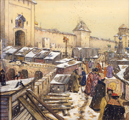 Buchläden auf der Spaskij-Brücke in Moskau im 17. Jahrhundert. de Apolinarij Wasnezow