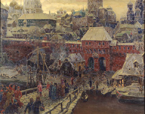 Moskau im 17. Jahrhundert. Die Moskworetzki-Brücke und das Wassertor de Apolinarij Wasnezow