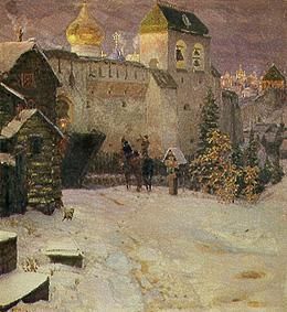 Rider at the town gate of an old Russian town. de Apolinarij Wasnezow