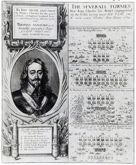 Portrait of King Charles I with diagrams showing the formation of his troops during the Bishops'' Wa de Wenceslaus Hollar