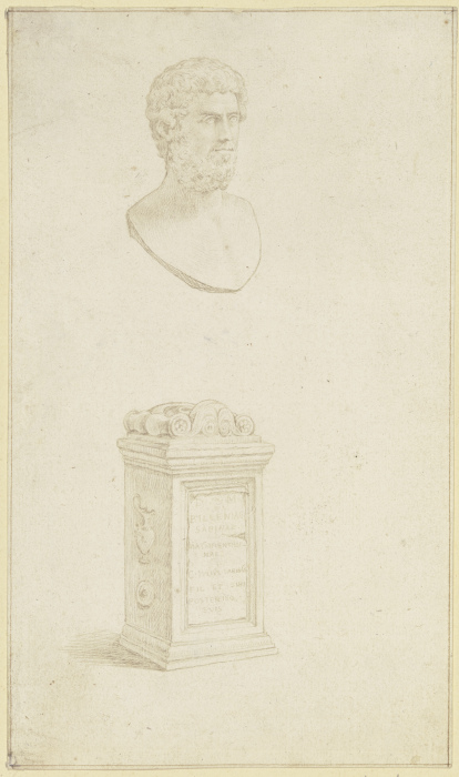 Studie nach einem bärtigen antiken Männerkopf, darunter ein Altar mit lateinischer Inschrift de Wenceslaus Hollar