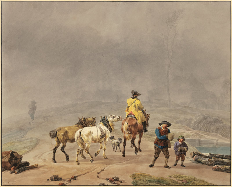 Reitender Postillion mit zwei Handpferden in winterlicher Landschaft de Wilhelm Alexander Wolfgang von Kobell