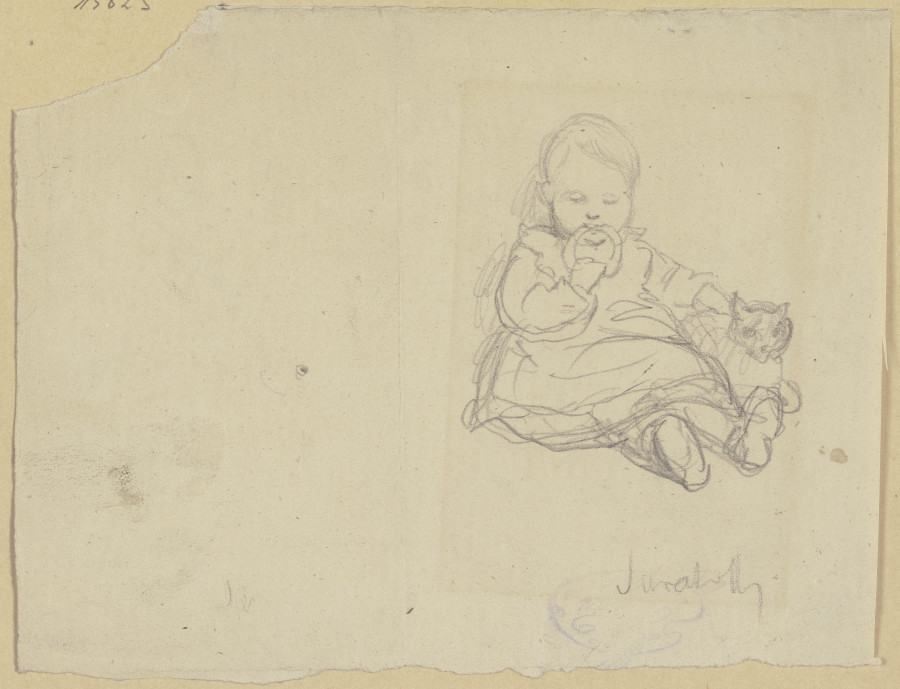 Sitzendes Kind mit Spielzeug und Katze de Wilhelm Amandus Beer
