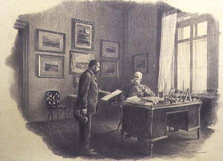 Emperor Franz Joseph I of Austria (1830-1916) at his writing desk at Jagdrock (pencil) de Wilhelm Gause