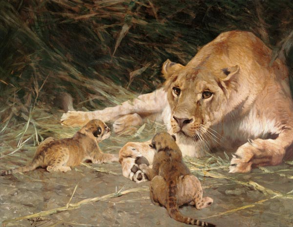 A Lioness and Her Cubs de Wilhelm Kuhnert