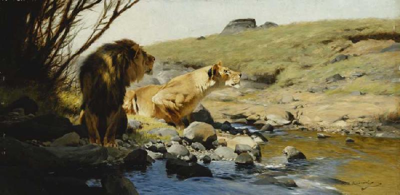 Ein Löwe und eine Löwin an einem Bach. de Wilhelm Kuhnert