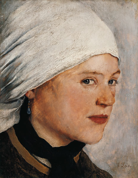 Girl with a white headscarf. de Wilhelm Maria Hubertus Leibl