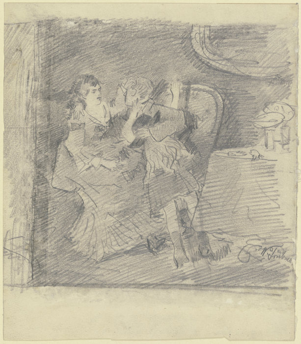 Dame und Herr mit Kind auf einem Sofa, daneben Tisch mit Glas und Fruchtschale de Wilhelm Trübner