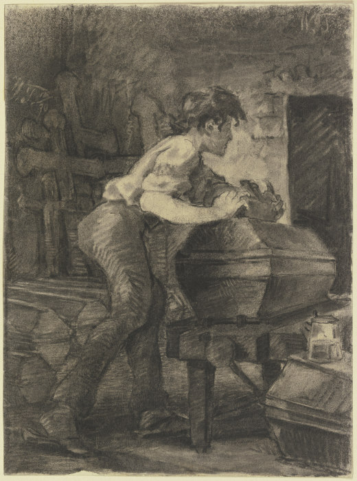 Ein junger Schreiner hobelt in der Werkstatt an einem Sarg de Wilhelm Trübner