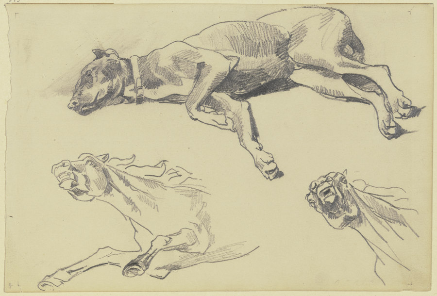 Studienblatt: Die Dogge Cäsar, auf der Seite liegend nach links, schlafend; darunter zwei Pferdestud de Wilhelm Trübner