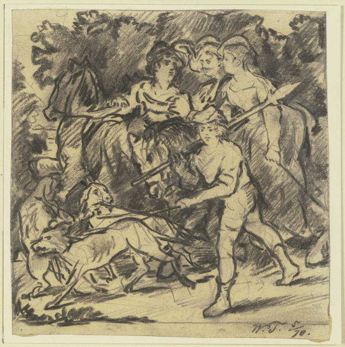 Zwei Edelfräulein und ein Knappe reiten auf die Jagd, dabei Bursche und Rüden de Wilhelm Trübner