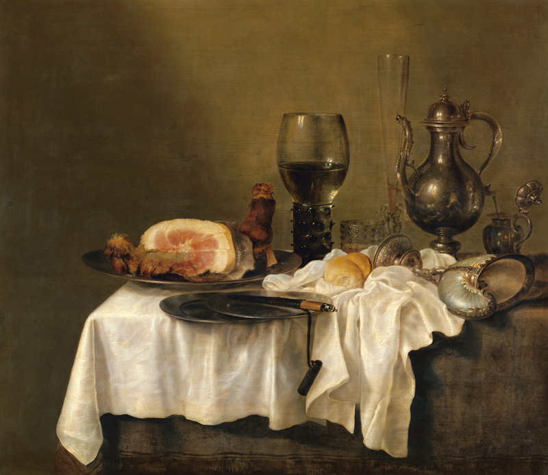 Breakfast table with a ham de Willem Claesz Heda