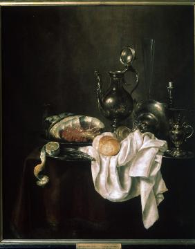 Still life with ham and silver crockery