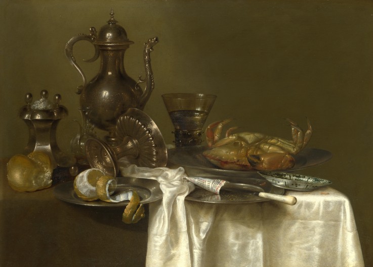 Still Life: Pewter, Silver Vessels and a Crab de Willem Claesz Heda