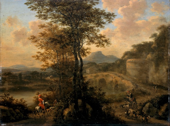 Italian River Landscape with Stone Bridge de Willem de Heusch