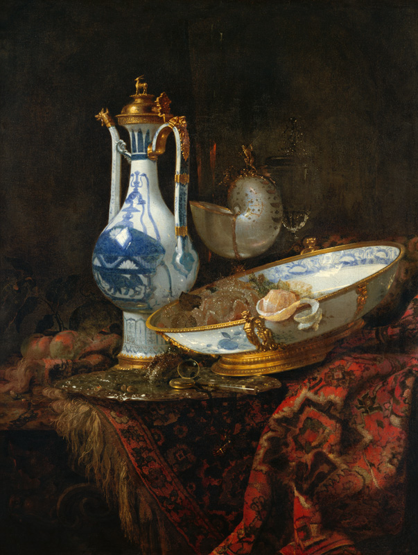 Quiet life with Delft can and bowl de Willem Kalf
