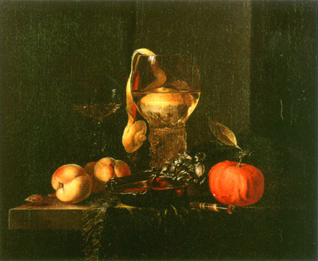 Still life with a silbener bowl, glasses and fruit de Willem Kalf
