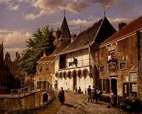 Strassen scene with pub at a bridge de Willem Koekkoek