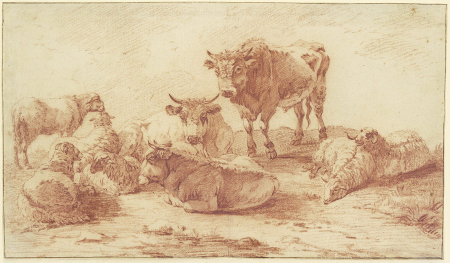 Gruppe von drei Ochsen und sechs Schafen de Willem Romeyn