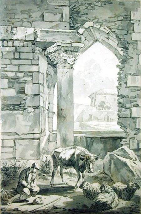Shepherd with a cow and sheep in a ruin de Willem Romeyn