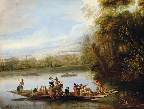 A landscape with a crowded ferry crossing the water in the foreground de Willem Schellinks