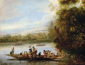 A landscape with a crowded ferry crossing the water in the foreground