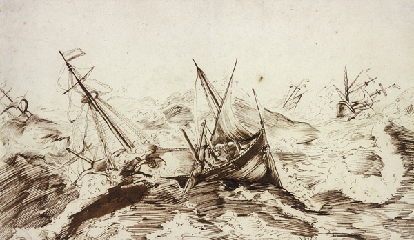 Seesturm, vier Schiffe in Gefahr de Willem van de Velde d. J.