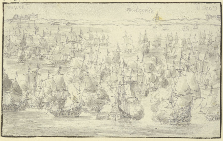 Seeschlacht, in der Ferne die englische Küste bei Dover, rechts zwei weitere Städte de Willem van de Velde d. J.