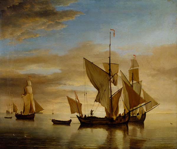 Fishing boats in the evening at calm de Willem van de Velde d.J.
