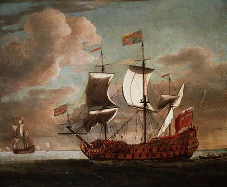 The British man-o'-war `The Royal James' flying the royal ensign off a coast de Willem van de Velde d.J.