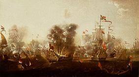 Explosión en Eendracht en la batalla de Lozestoft de Willem van der Stoop