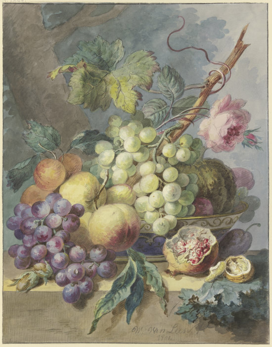 Fruchtstück mit Trauben, Pfirsichen usw., dabei eine Rose de Willem van Leen